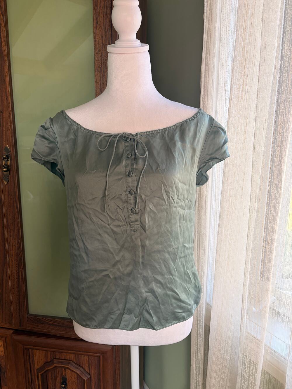 Y2K Forth & Towne Sage Green Satin Blouse Fairycore Romantic Coquette Puff Sleev